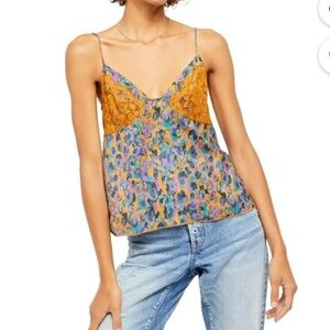 FREE PEOPLE Womens Brown Lace Printed Spaghetti Strap V Neck Tank Top Size: L